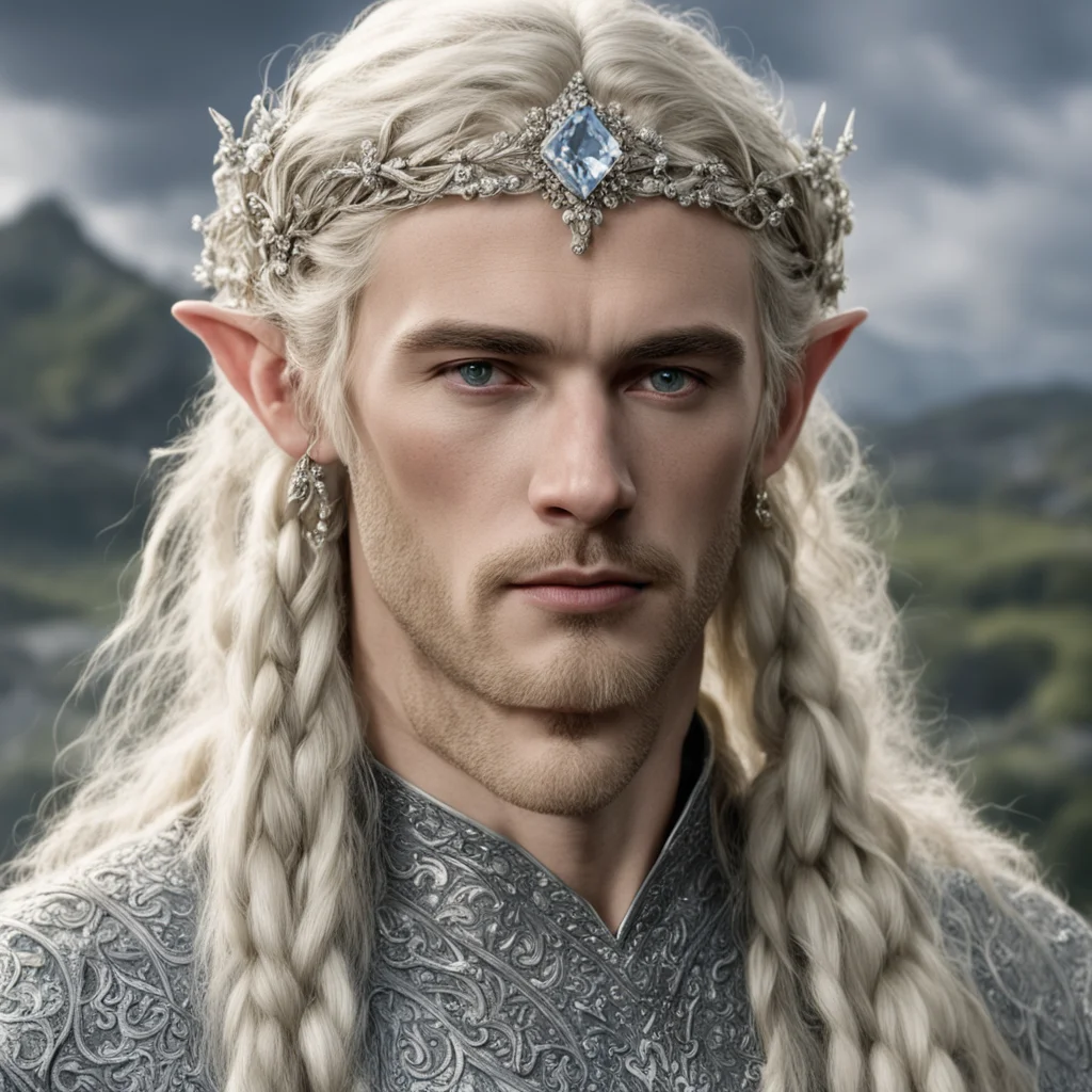 tolkien king amroth with blond hair and braids wearing small silver flowers encrusted with diamonds to form small silver elvish circlet with large center diamond 