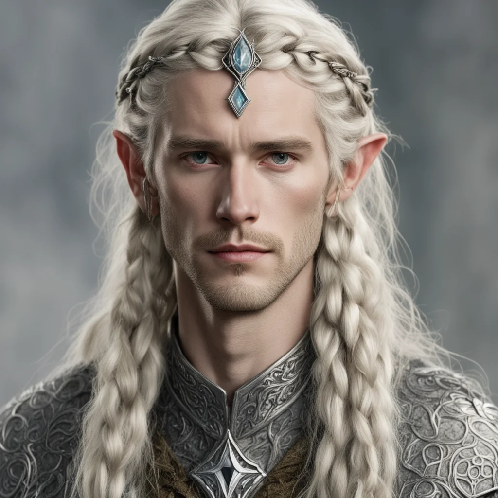 tolkien king amroth with blond hair and braids wearing small silver serpentine elvish circlet with large center diamond good looking trending fantastic 1