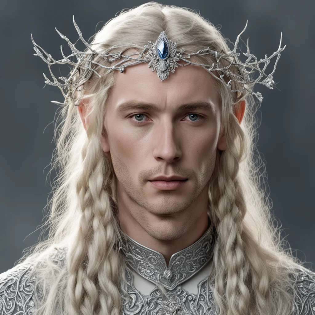 tolkien king amroth with blond hair and braids with silver twigs encrusted with diamonds to form a silver sindarin elvish circlet with large center diamond  amazing awesome portrait 2