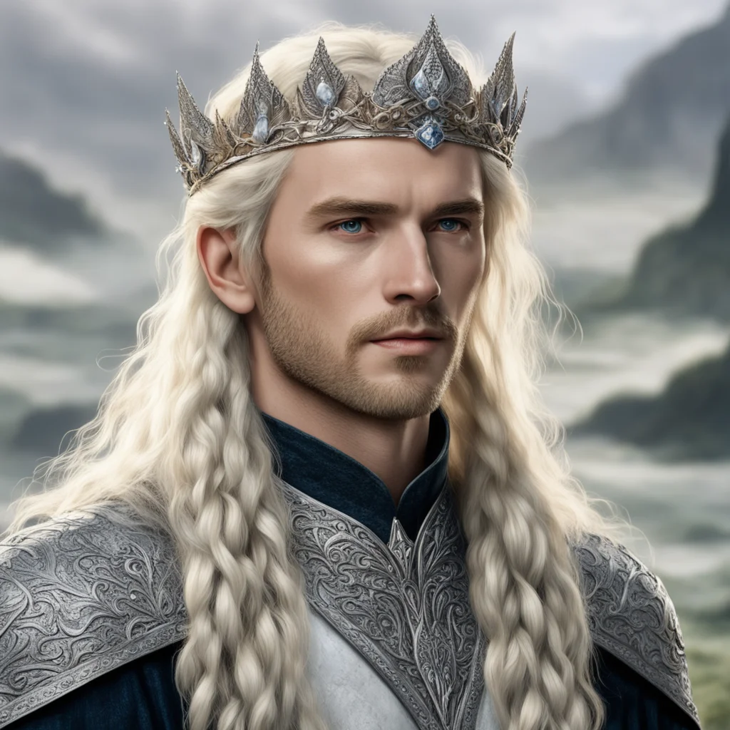 tolkien king amroth with blond hair with braids wearing silver elven coronet with diamonds confident engaging wow artstation art 3