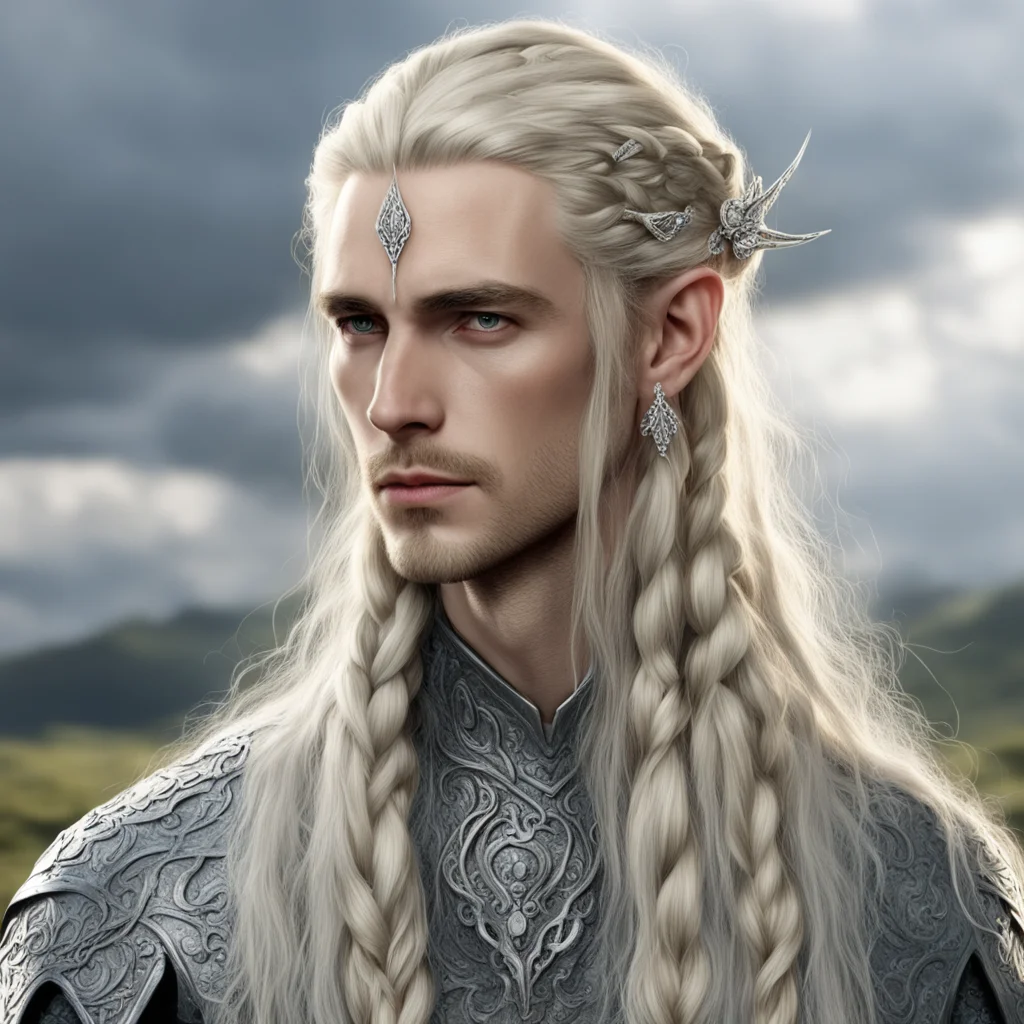 tolkien king amroth with blond hair with braids wearing silver elven hair pins with diamonds amazing awesome portrait 2