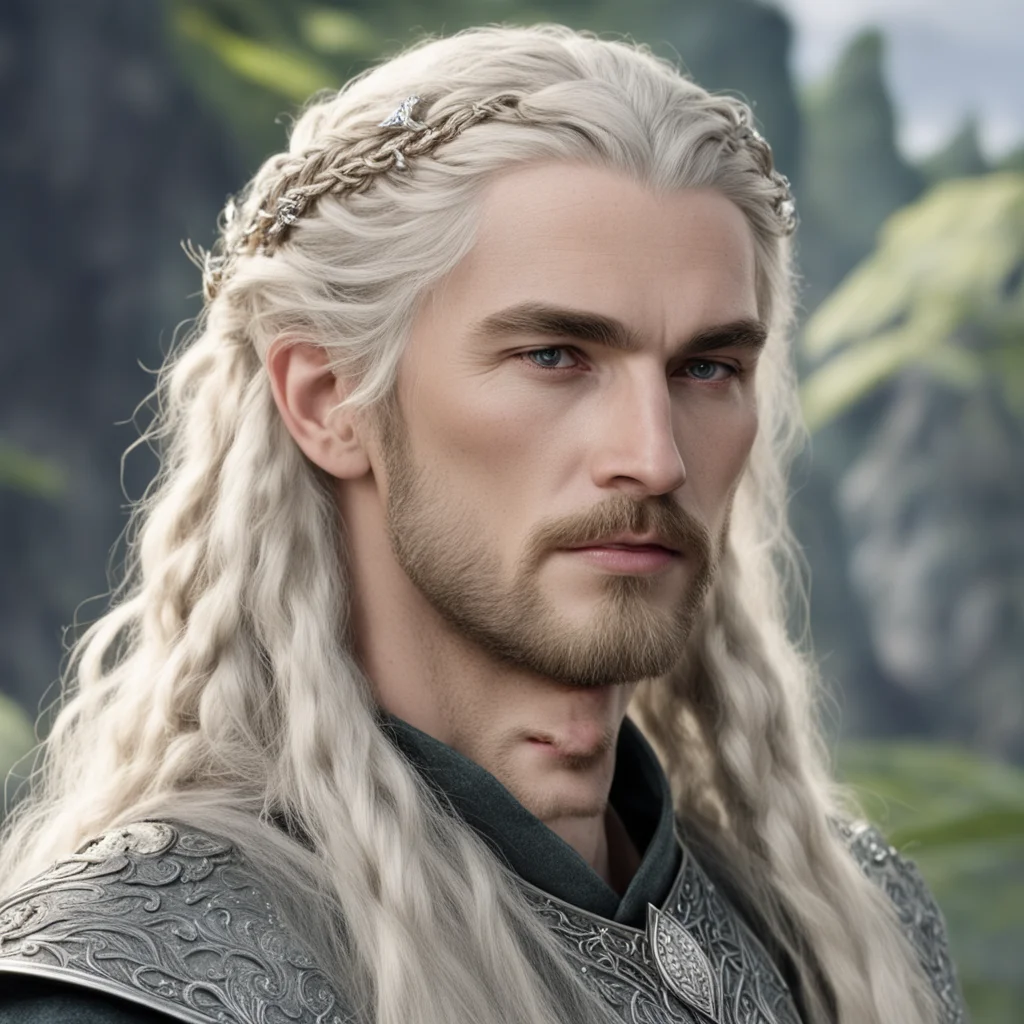 tolkien king amroth with blond hair with braids wearing silver elven hair pins with diamonds confident engaging wow artstation art 3