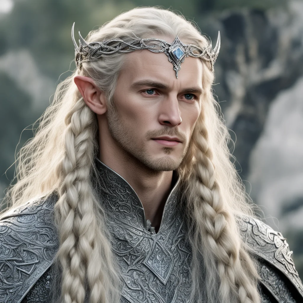 tolkien king amroth with blond hair with braids wearing silver fiery serpentine silver elvish circlet encrusted with diamonds with large center diamond amazing awesome portrait 2