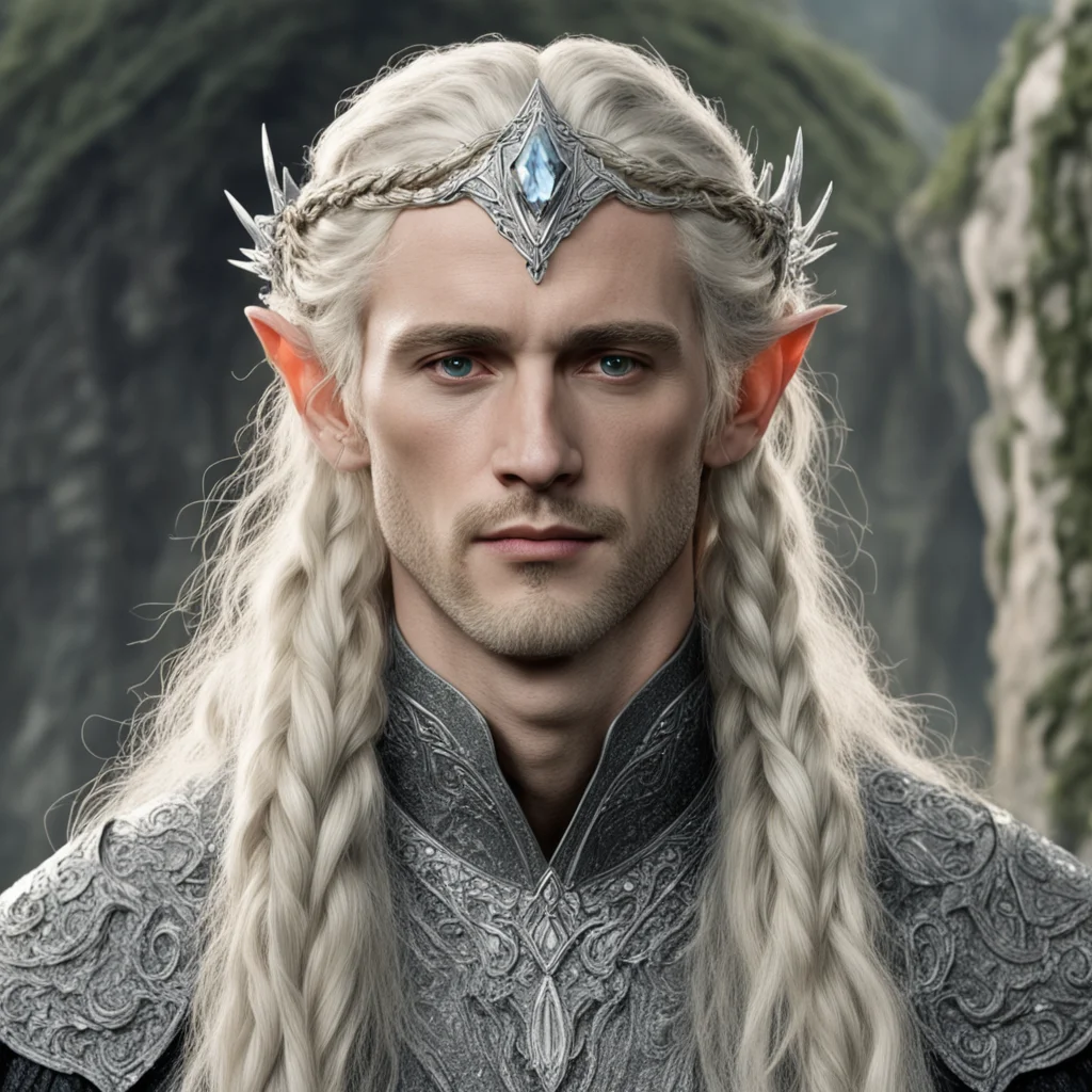tolkien king amroth with blond hair with braids wearing silver fiery serpentine silver elvish circlet encrusted with diamonds with large center diamond good looking trending fantastic 1