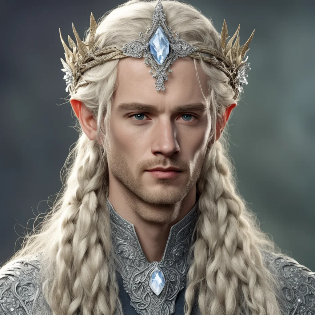 tolkien king amroth with blond hair with braids wearing silver flower elvish circlet encrusted with diamonds with large center diamond  amazing awesome portrait 2