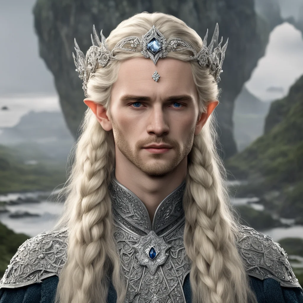tolkien king amroth with blond hair with braids wearing silver flower elvish circlet encrusted with diamonds with large center diamond  good looking trending fantastic 1