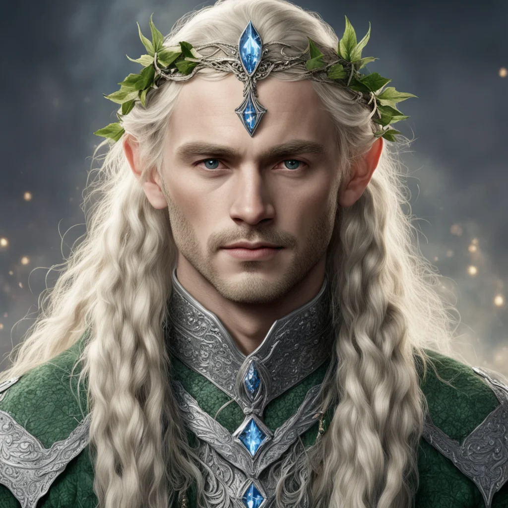 tolkien king amroth with blond hair with braids wearing silver holly leaf and diamond encrusted elvish circlet with large diamond in center confident engaging wow artstation art 3