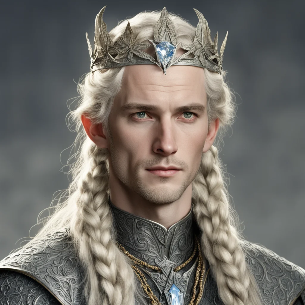 tolkien king amroth with blond hair with braids wearing silver holly leaf and diamond encrusted elvish circlet with large diamond in center good looking trending fantastic 1