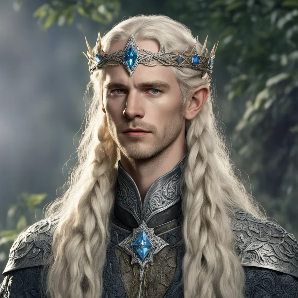 tolkien king amroth with blond hair with braids wearing silver holly leaf and diamond encrusted elvish circlet with large diamond in center
