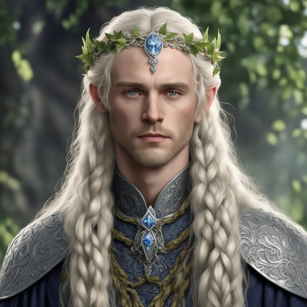 tolkien king amroth with blond hair with braids wearing silver holly leaf with diamond berry elvish circlet with large center diamond good looking trending fantastic 1