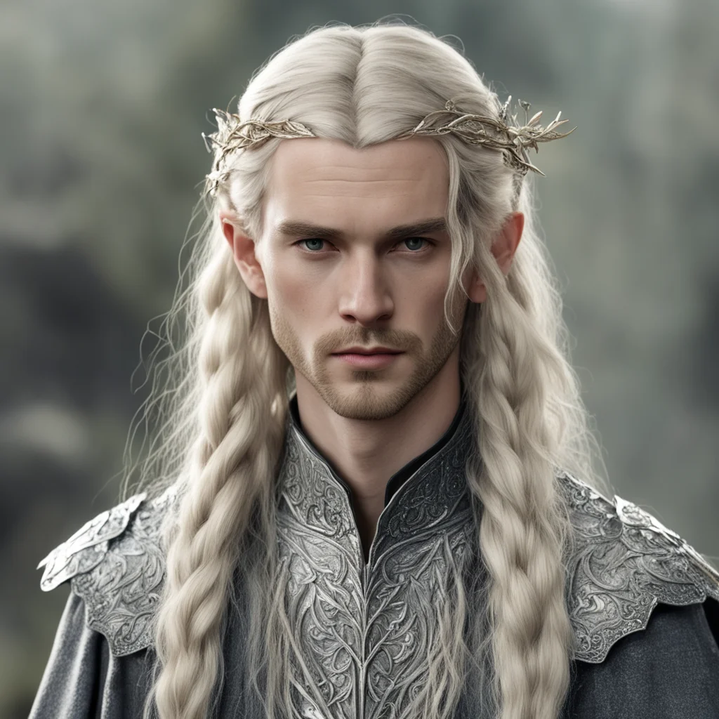tolkien king amroth with blond hair with braids wearing silver leaf elven hair forks with diamonds amazing awesome portrait 2
