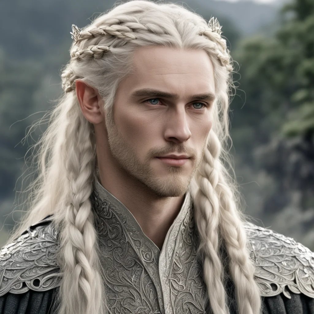 tolkien king amroth with blond hair with braids wearing silver leaf elven hair forks with diamonds confident engaging wow artstation art 3