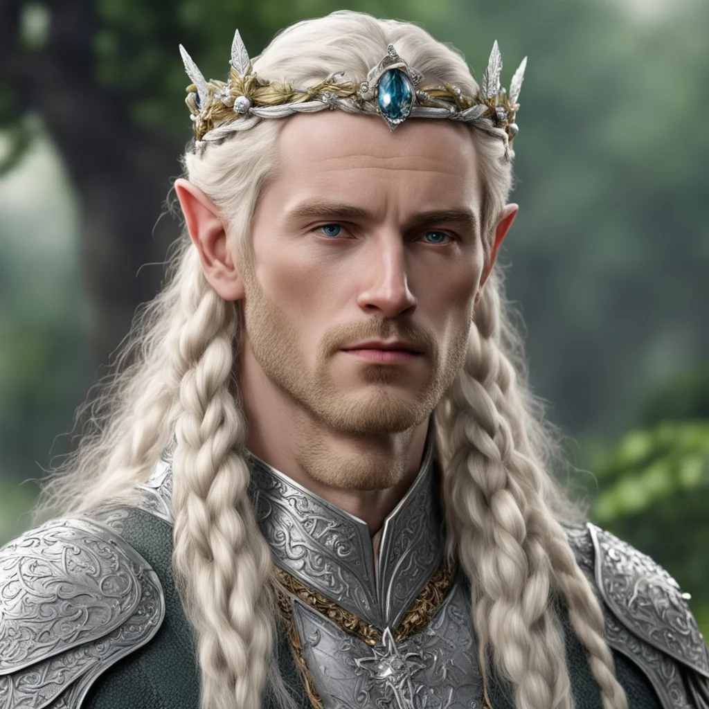 tolkien king amroth with blond hair with braids wearing silver leaf with silver berry elven circlet with diamonds amazing awesome portrait 2