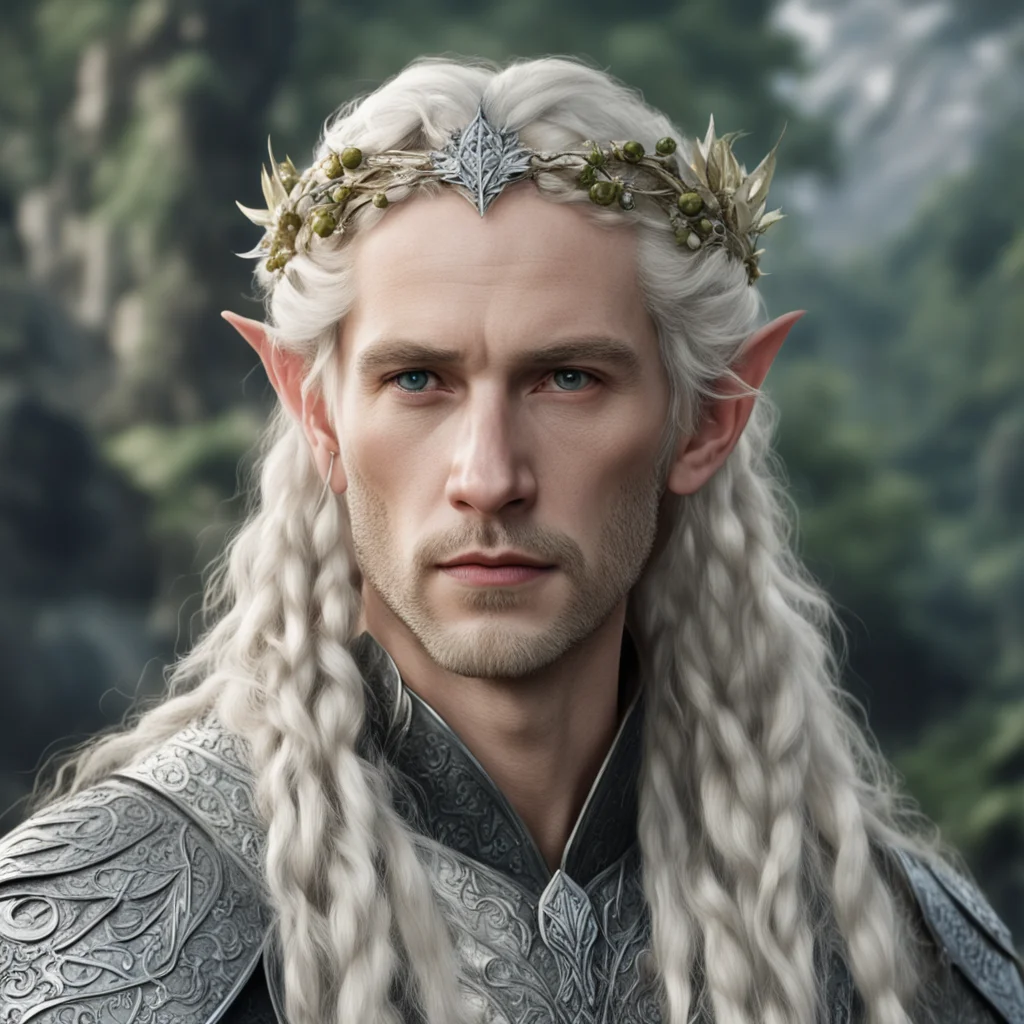 tolkien king amroth with blond hair with braids wearing silver leaf with silver berry elven circlet with diamonds confident engaging wow artstation art 3