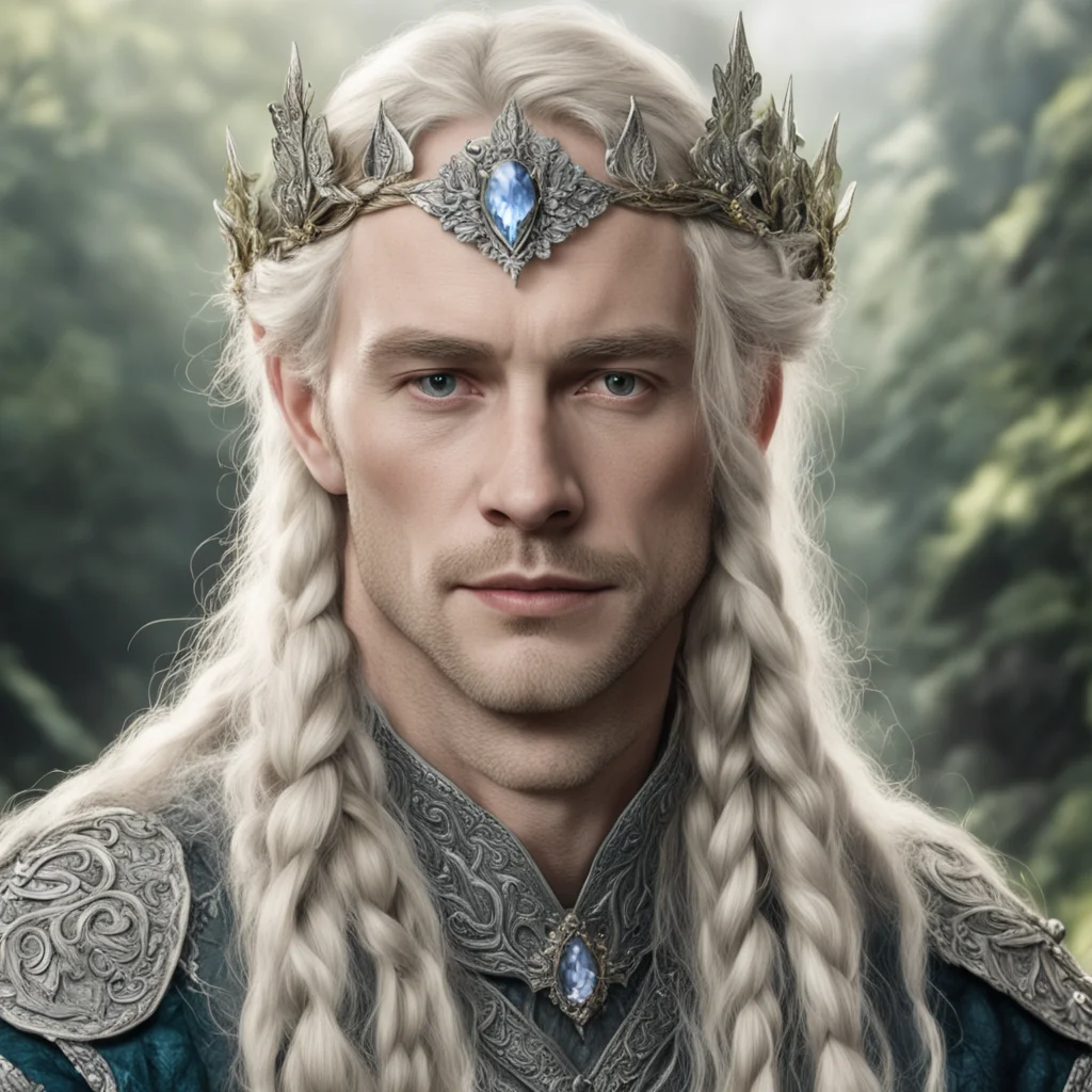 tolkien king amroth with blond hair with braids wearing silver oak leaf elvish circlet encrusted with diamonds confident engaging wow artstation art 3