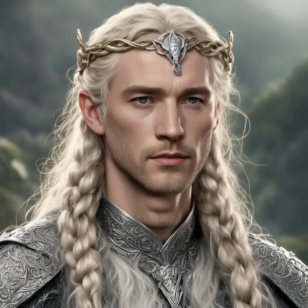 tolkien king amroth with blond hair with braids wearing silver serpents intertwined circlet with diamonds good looking trending fantastic 1