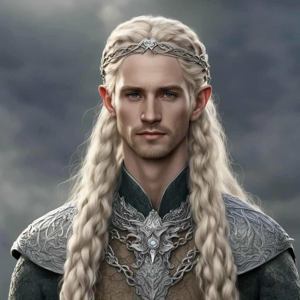 tolkien king amroth with blond hair with braids wearing silver snake elven circlet with diamonds good looking trending fantastic 1