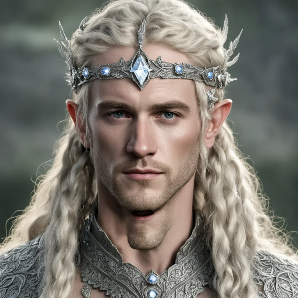 tolkien king amroth with blonde hair and braids wearing silver laurel leaf elvish circlet heavily encrusted with diamonds with large center circular diamond amazing awesome portrait 2