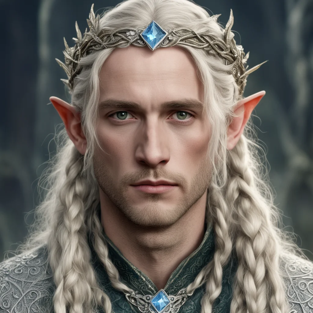 tolkien king amroth with blonde hair and braids wearing silver laurel leaf elvish circlet heavily encrusted with diamonds with large center circular diamond good looking trending fantastic 1