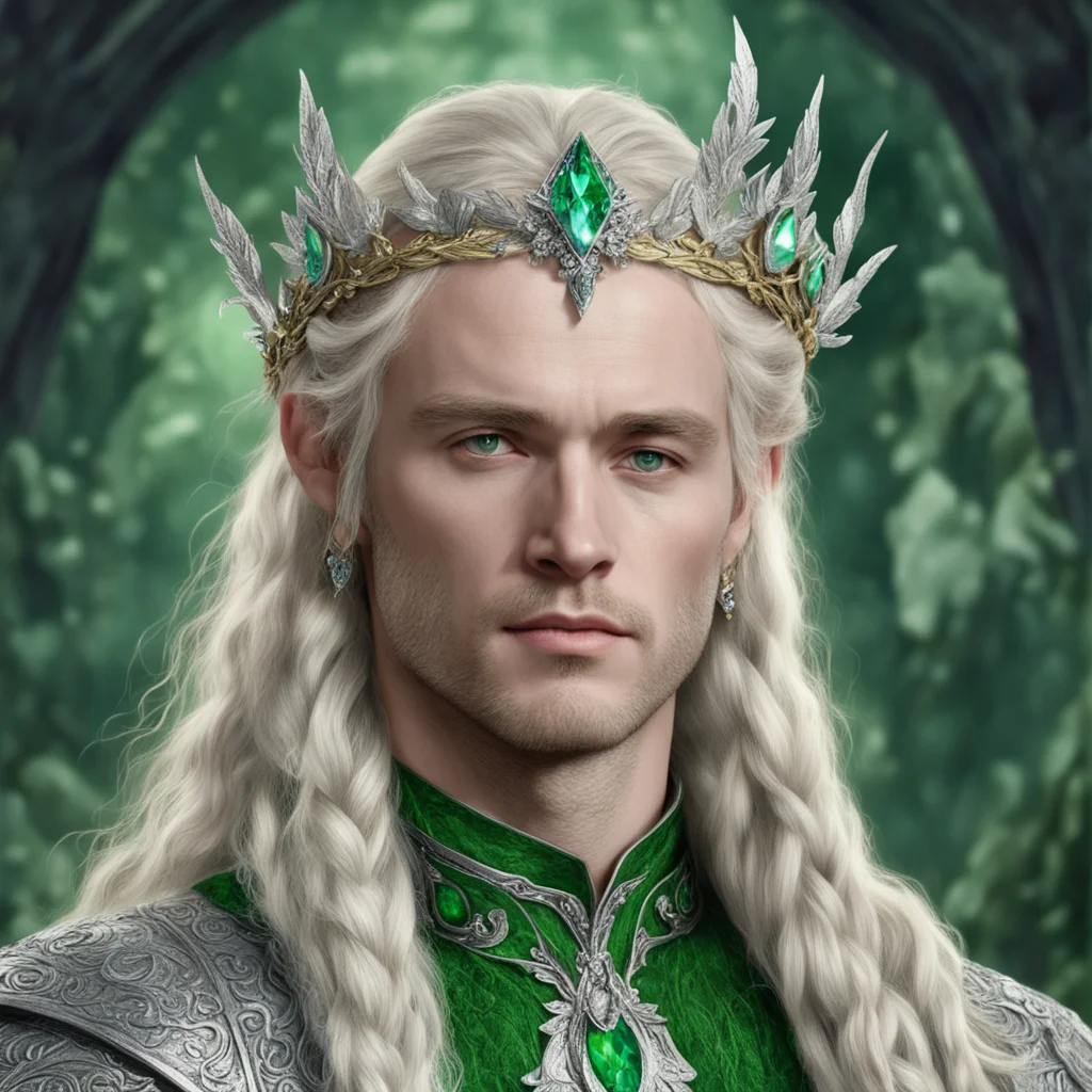 tolkien king amroth with blonde hair and braids wearing silver leaves encrusted with diamonds forming a silver elvish circlet with large green center diamond  amazing awesome portrait 2