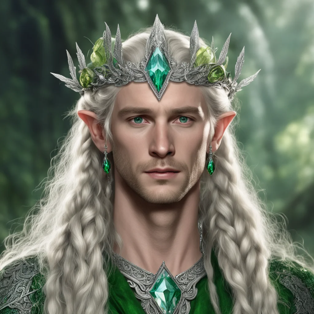 tolkien king amroth with blonde hair and braids wearing silver leaves encrusted with diamonds forming a silver elvish circlet with large green center diamond  good looking trending fantastic 1