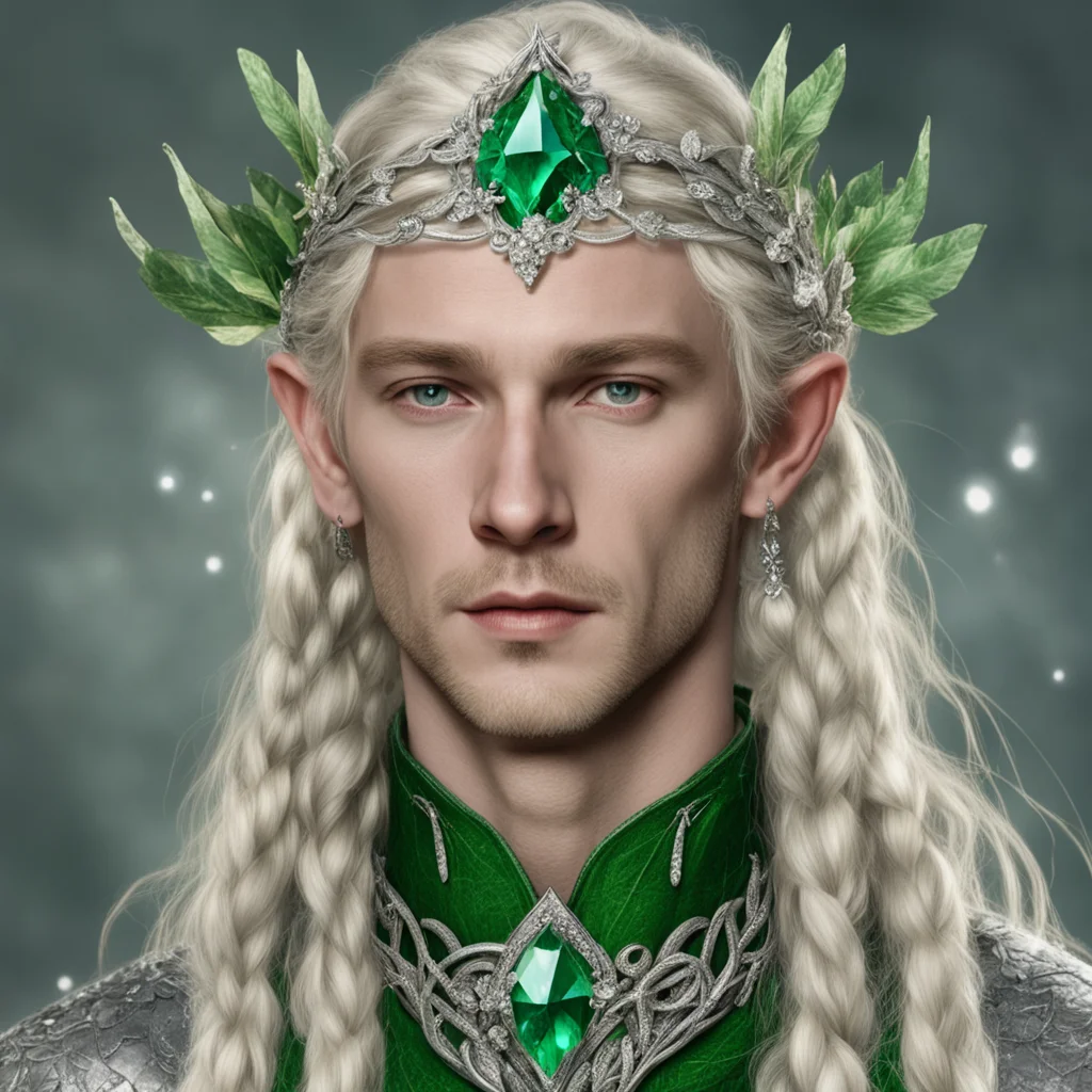tolkien king amroth with blonde hair and braids wearing silver leaves encrusted with diamonds forming a silver elvish circlet with large green center diamond 