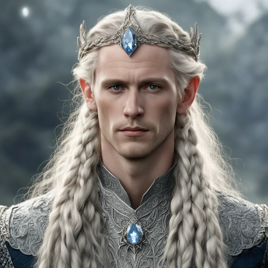 tolkien king amroth with blonde hair and braids wearing silver serpentine sindarin elvish circlet encrusted with diamonds with large center diamond  amazing awesome portrait 2