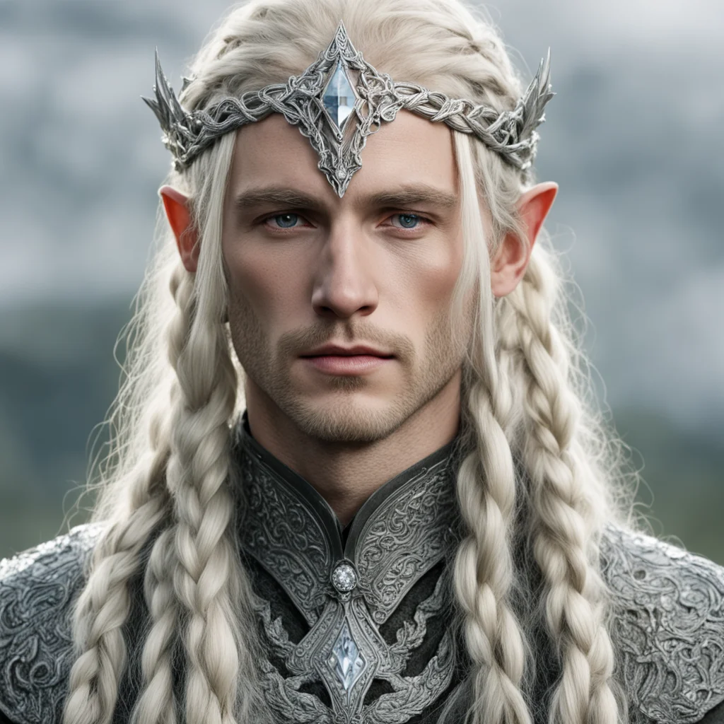 tolkien king amroth with blonde hair and braids wearing silver serpentine sindarin elvish circlet encrusted with diamonds with large center diamond  confident engaging wow artstation art 3