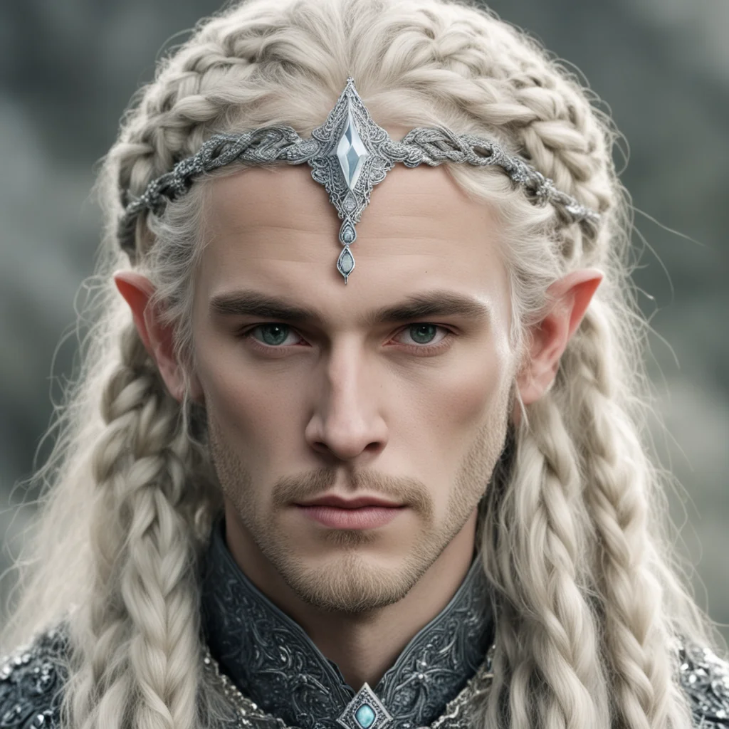 tolkien king amroth with blonde hair and braids wearing silver serpentine sindarin elvish circlet encrusted with diamonds with large center diamond  good looking trending fantastic 1