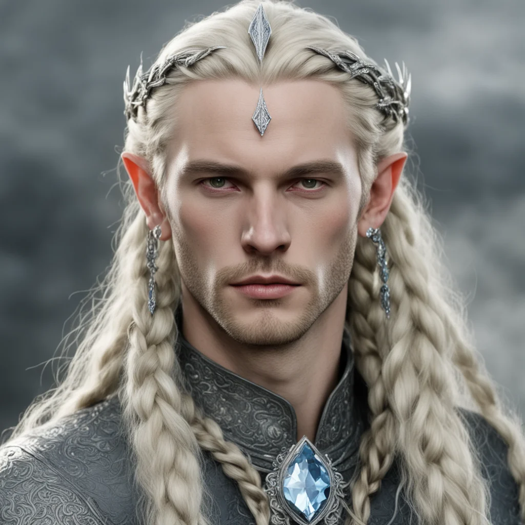 tolkien king amroth with blonde hair and braids wearing silver serpentine sindarin elvish circlet encrusted with diamonds with large center diamond amazing awesome portrait 2