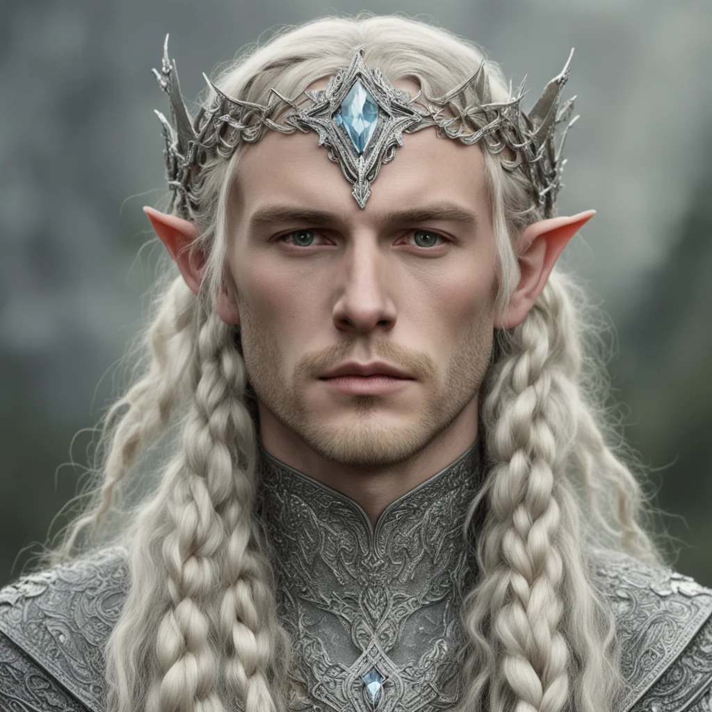 tolkien king amroth with blonde hair and braids wearing silver serpentine sindarin elvish circlet encrusted with diamonds with large center diamond good looking trending fantastic 1