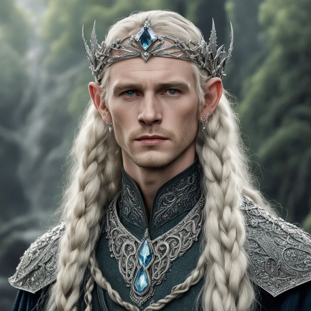 tolkien king amroth with blonde hair and braids wearing silver serpentine sindarin elvish coronet encrusted with diamonds with large center diamond amazing awesome portrait 2