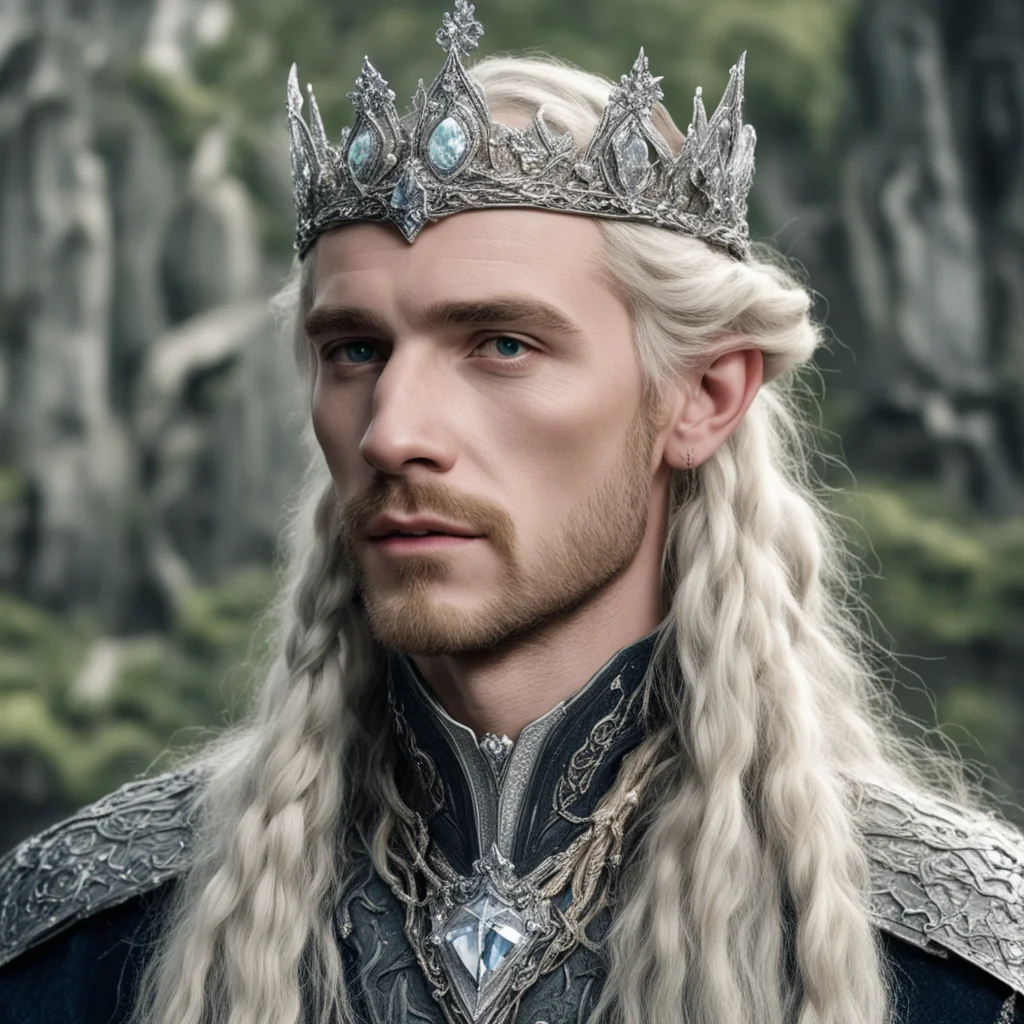 tolkien king amroth with blonde hair and braids wearing silver serpentine sindarin elvish coronet encrusted with diamonds with large center diamond confident engaging wow artstation art 3