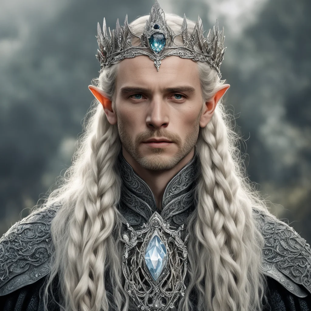 tolkien king amroth with blonde hair and braids wearing silver serpentine sindarin elvish coronet encrusted with diamonds with large center diamond good looking trending fantastic 1