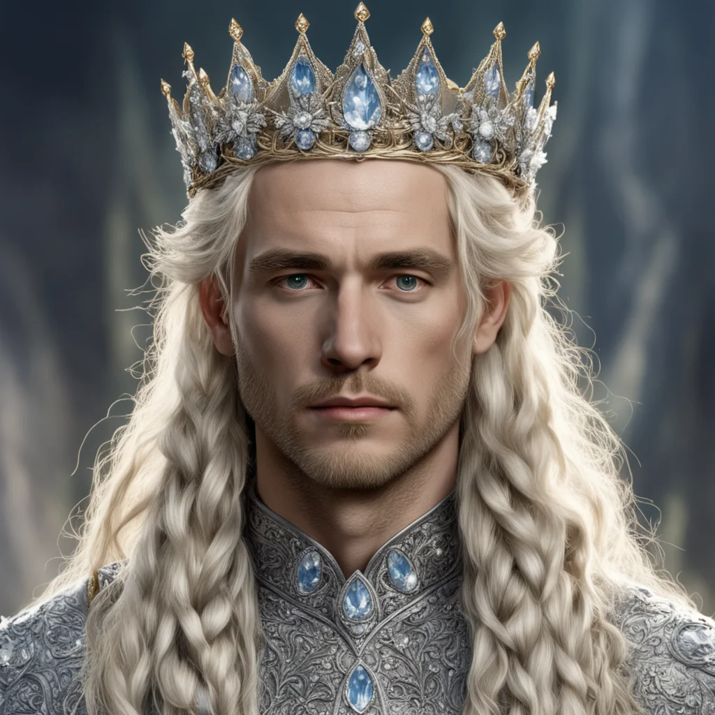 tolkien king amroth with golden hair and braids wearing silver flowers encrusted with diamonds forming a silver elvish crown with large center diamond 