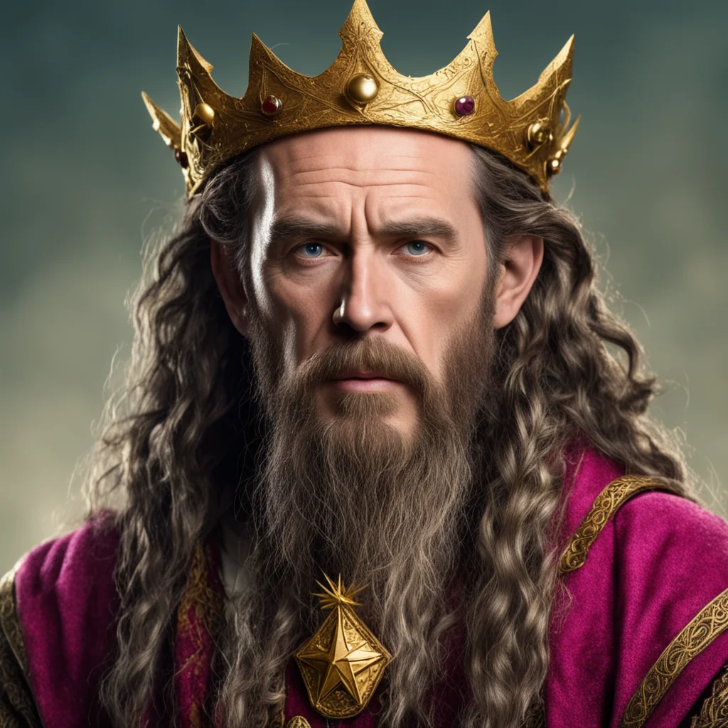 aitolkien king durin with brown hair with braided beard wearing golden dwarvish crown with star rubies good looking trending fantastic 1