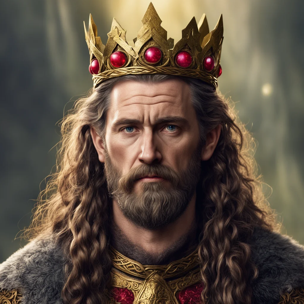 tolkien king durin with brown hair with braided beard wearing golden dwarvish crown with star rubies