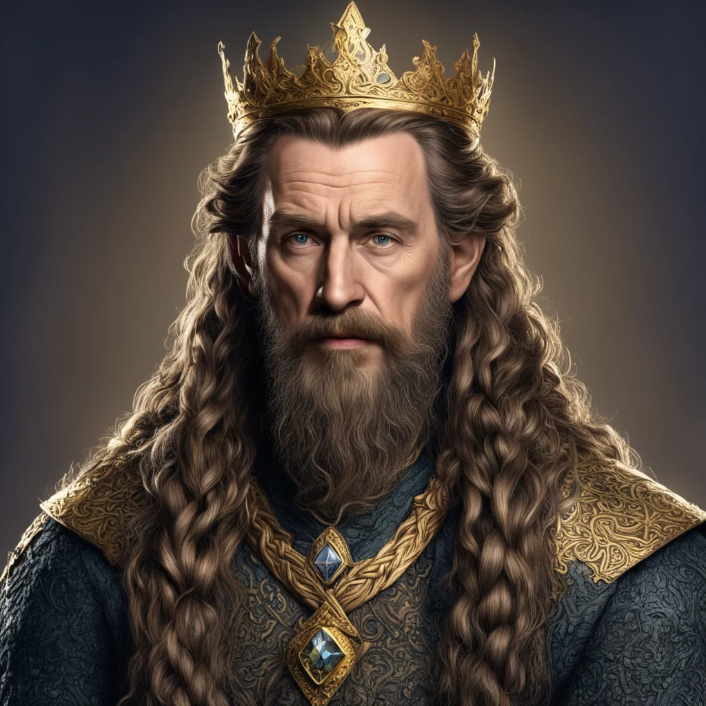 tolkien king durin with brown hair with braided beard with golden crown with diamonds
