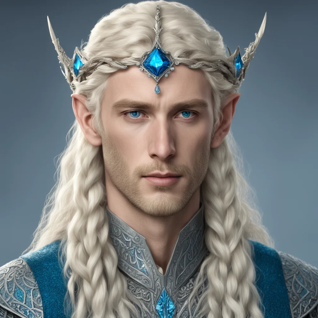 tolkien king finarfin with blond hair with braids wearing silver noldoran elvish circlet with blue diamonds confident engaging wow artstation art 3