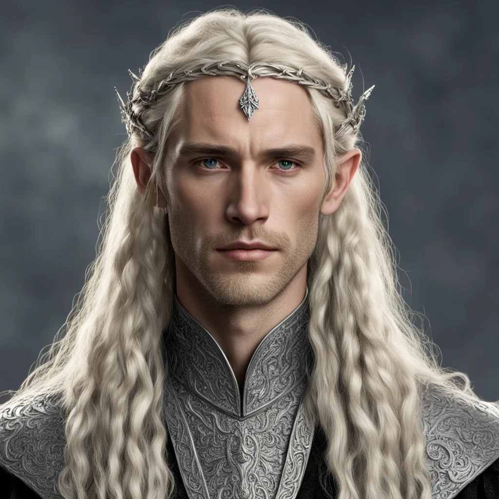 tolkien king finarfin with blond hair with braids wearing silver noldoran elvish circlet with diamonds confident engaging wow artstation art 3