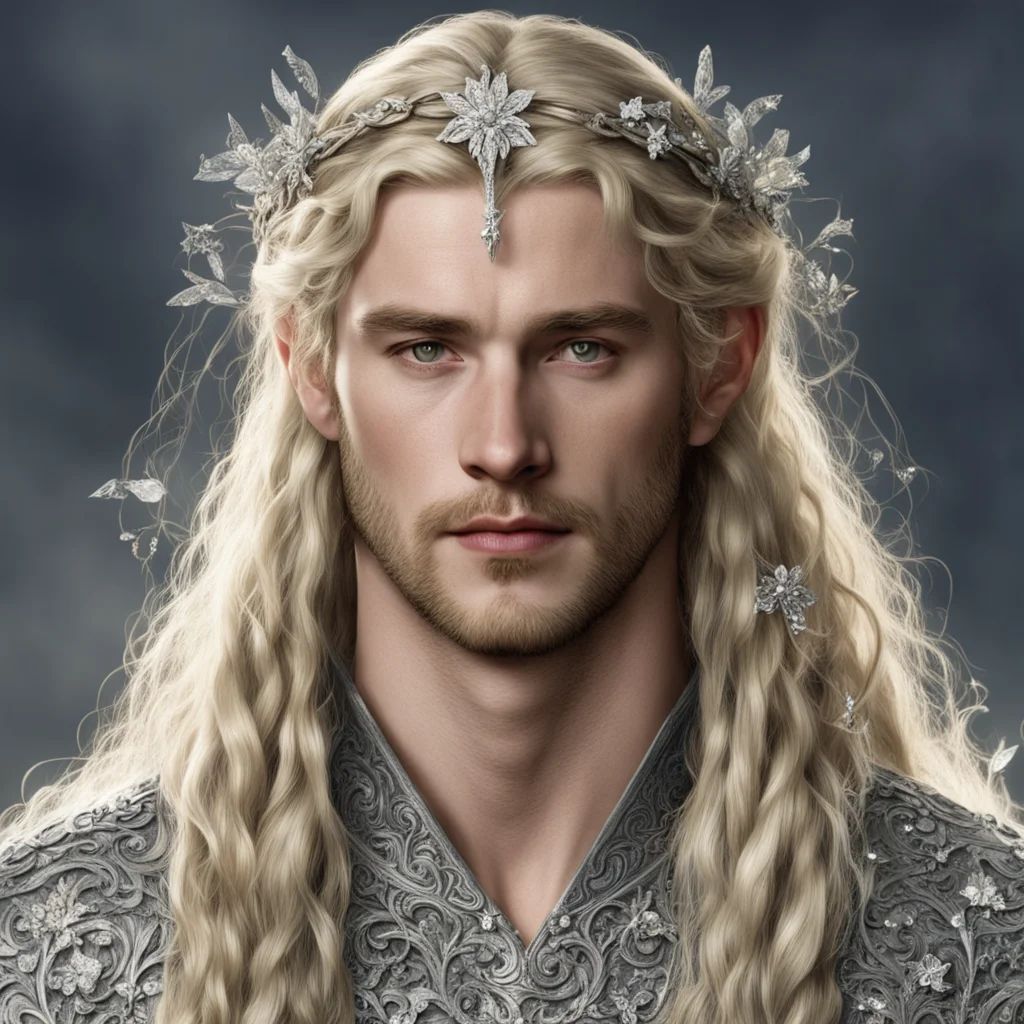 tolkien king finrod with blond hair and braids wearing silver flowers encrusted with diamonds forming a small silver elvish circlet with large center diamond