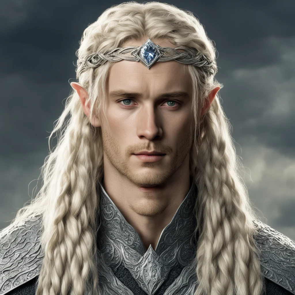 tolkien king finrod with blond hair and braids wearing silver serpentine elvish circlet encrusted with diamonds with large center diamond confident engaging wow artstation art 3