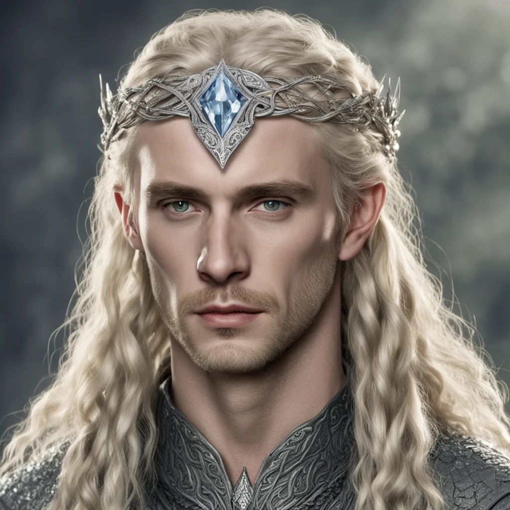 tolkien king finrod with blond hair and braids wearing silver serpentine elvish circlet encrusted with diamonds with large center diamond good looking trending fantastic 1