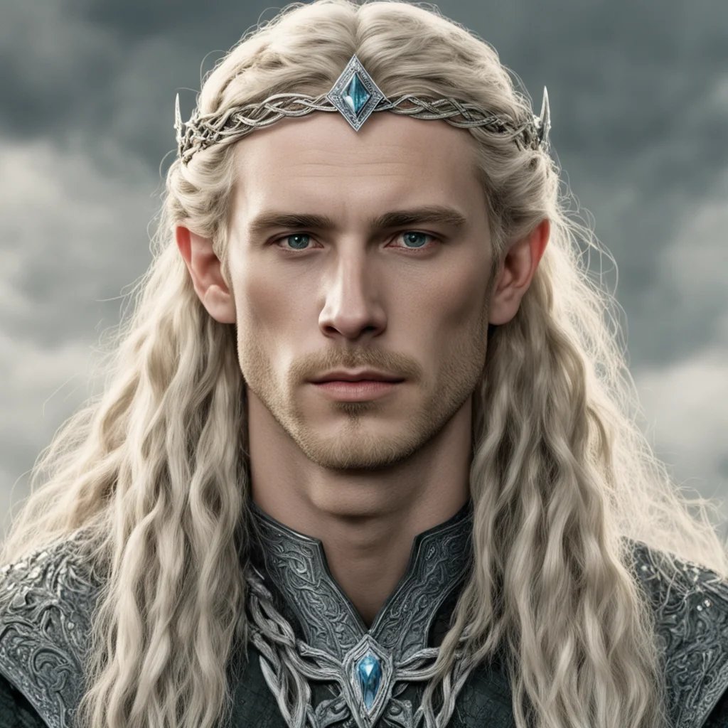 tolkien king finrod with blond hair and braids wearing silver serpentine elvish circlet encrusted with diamonds with large center diamond