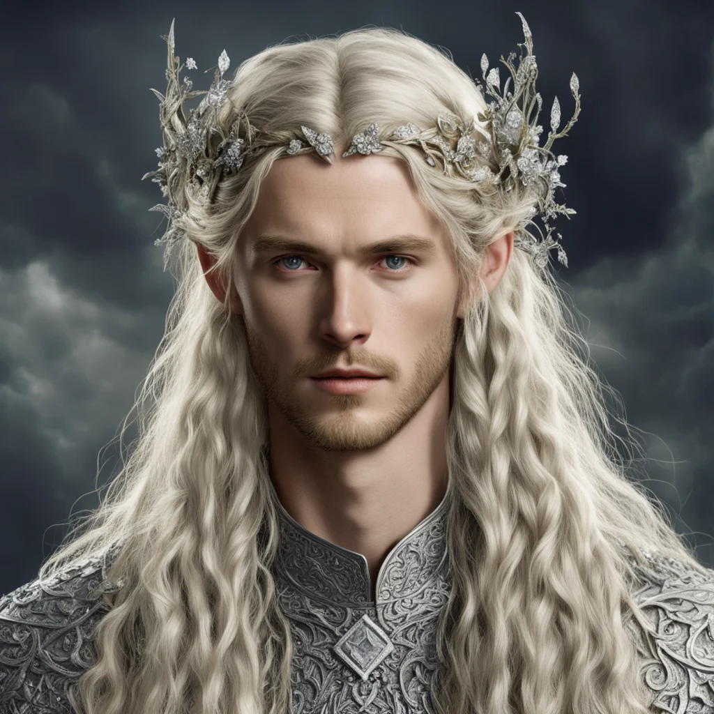 tolkien king finrod with blond hair and braids wearing silver vines encrusted with diamonds with silver flowers encrusted with diamonds forming a silver elvish circlet with large center diamond