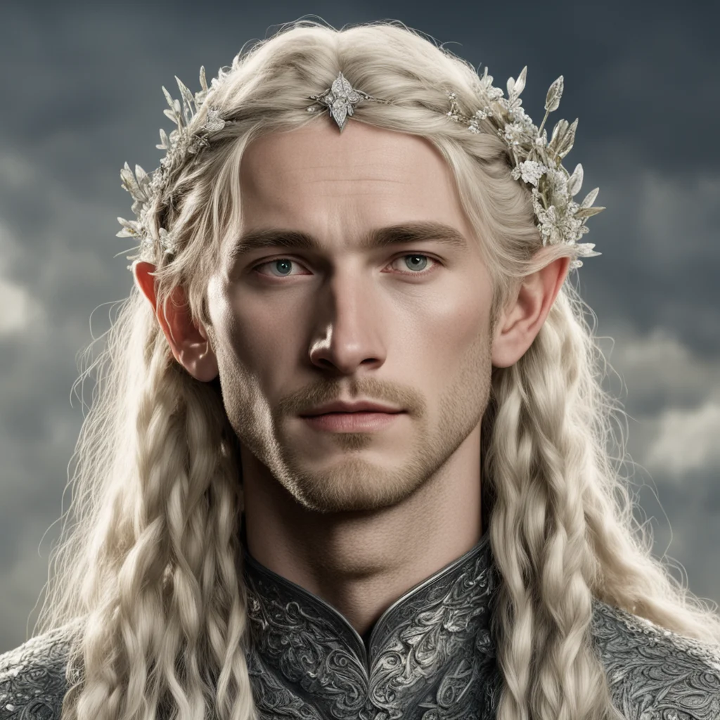 tolkien king finrod with blond hair and braids wearing small silver flowers encrusted with diamonds forming a small silver elvish circlet with large center diamond  amazing awesome portrait 2