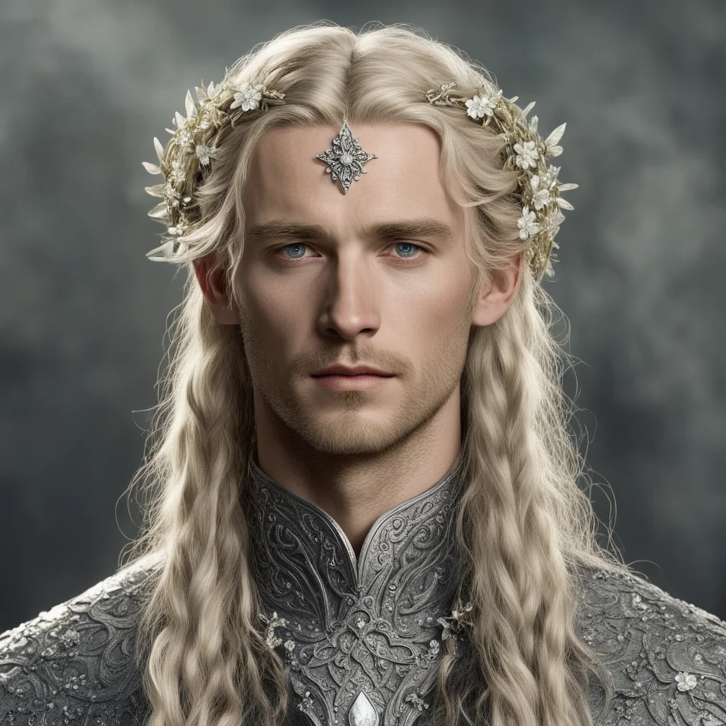 tolkien king finrod with blond hair and braids wearing small silver flowers encrusted with diamonds forming a small silver elvish circlet with large center diamond 