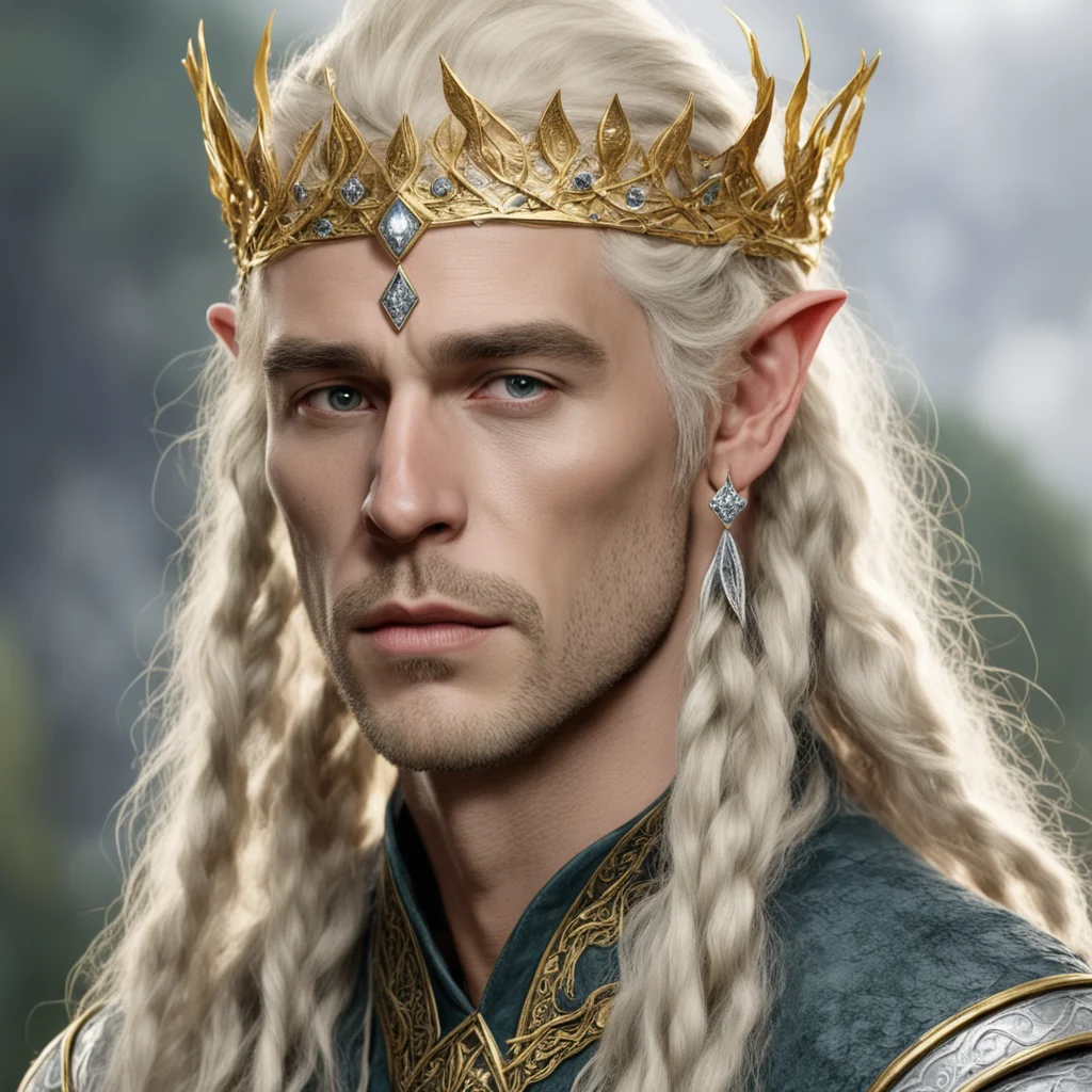 tolkien king ingwe male elf with blond hair and braids with gold and silver elvish circlet with diamonds and large center diamond good looking trending fantastic 1