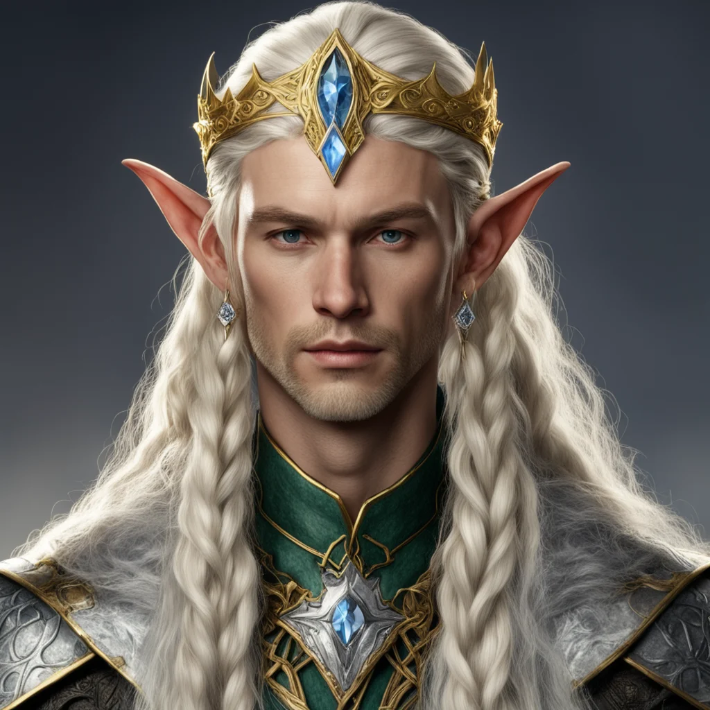 tolkien king ingwe male elf with blond hair and braids with gold and silver elvish circlet with diamonds and large center diamond