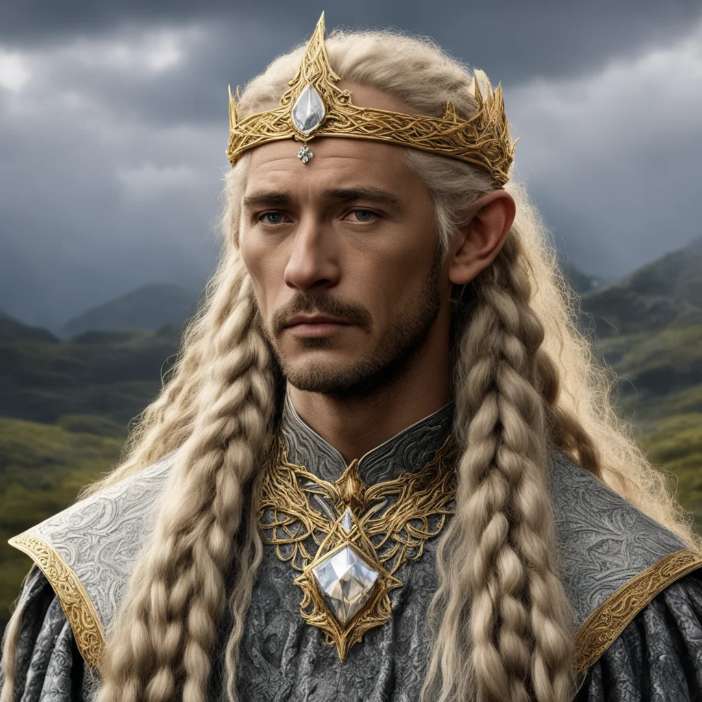 tolkien king ingwe with golden hair and braids wearing gold and silver elvish circlet with diamonds with large center diamond